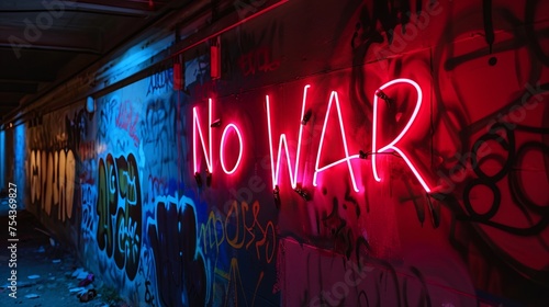 Graffiti on the wall and neon text "NO WAR"