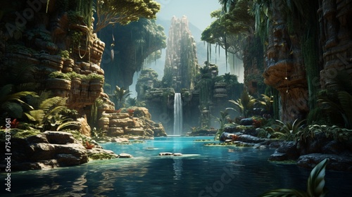 A majestic waterfall cascading down rugged cliffs into a pristine pool below, surrounded by lush tropical vegetation, sunlight filtering through the dense canopy