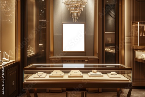 A high-end jewelry store advertising display mockup with a blank screen, in a glamorous setting.