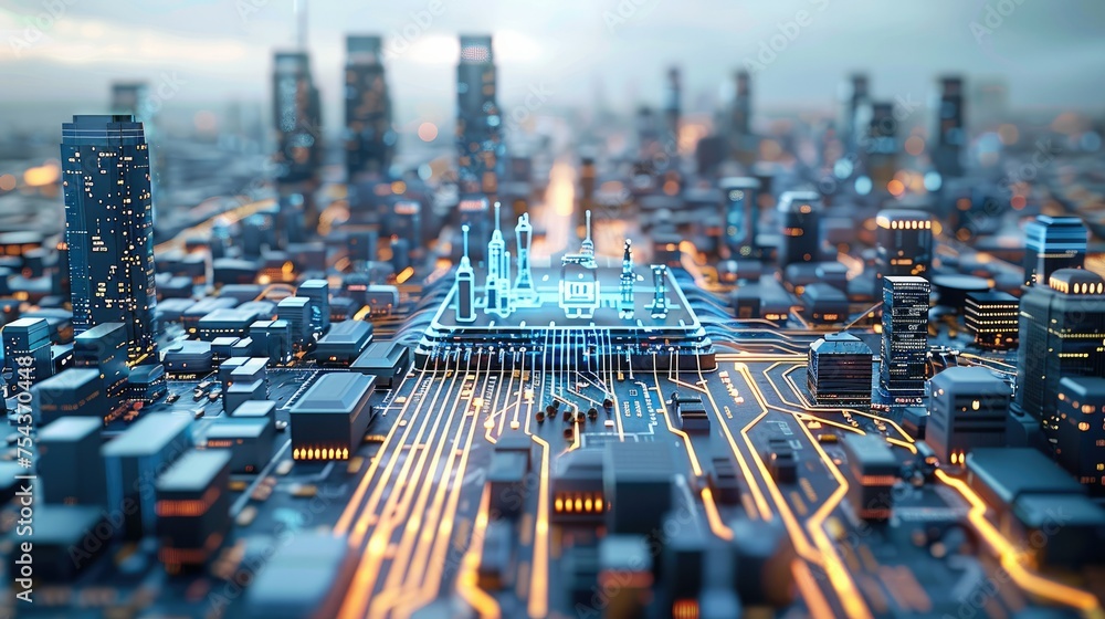 A digital intelligent city on the chip circuit board. Generative AI. - obrazy, fototapety, plakaty 