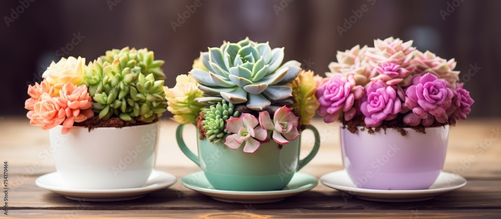 Three colorful coffee cups filled with vibrant succulents sit on a light wooden surface, creating a beautiful and easy home decoration. Three colorful coffee cups filled with vibrant succulents sit on a light wooden surface, creating a beautiful and easy home decoration.