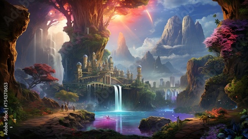 A mesmerizing scene blending elements of nature and fantasy, where a majestic waterfall cascades down from a floating island suspended in the sky photo