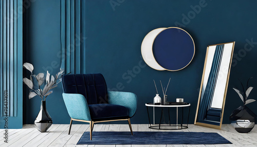 Deep dark livingroom with blue navy empty paint wall, decor mirrors, armchair. Accent indigo cyan color. Mockup for art or picture. Modern interior design room - minimalist