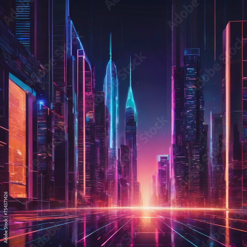 Futuristic City Skyline at Dawn with Modern Architecture and Neon Lights