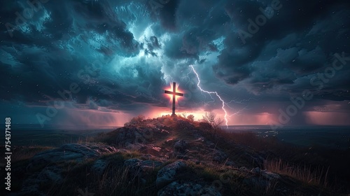 A dramatic image of a stormy night with flashes of lightning illuminating a lone, illuminated cross on a hilltop