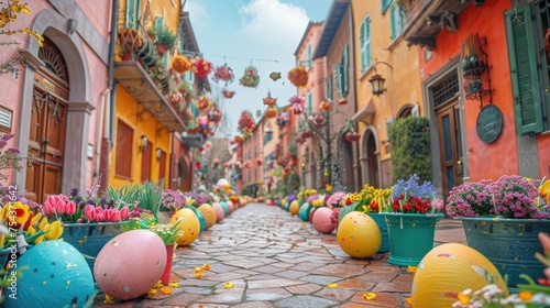 Easter decorations in a lively town square photo