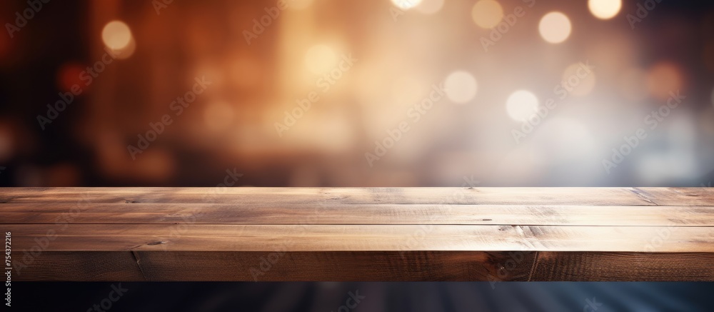 A wooden table is in focus with a blurry background behind it, creating an abstract and serene ambiance. The table appears empty and is placed in a café setting.