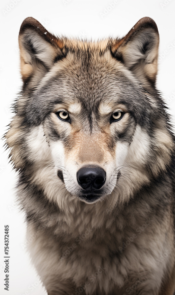 face of a serious wolf on a white background photo сreated with Generative Ai