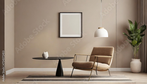 Premium living room with chair and black table. Accent empty wall taupe beige color painted. Warm ivory interior design. Mockup art. Rich lux furniture and lounge reception hall