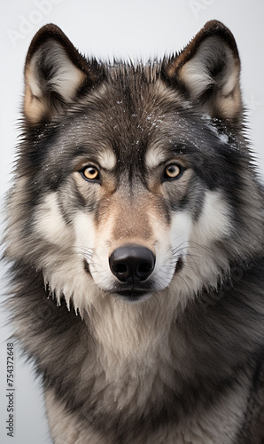 face of a serious wolf on a white background photo сreated with Generative Ai