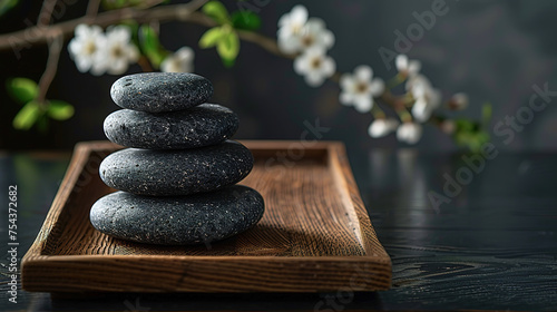 A stack of spa stones is neatly placed on top of a wooden table tray  set against a dark backdrop. with empty copy space