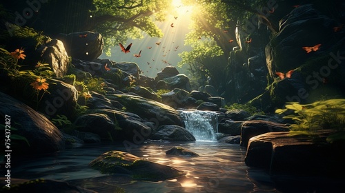 An enchanting forest scene with a serene waterfall cascading down a rocky cliff, sunlight filtering through the lush green canopy, colorful butterflies fluttering around delicate wildflowers