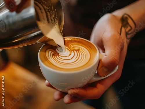 A barista carefully pours hot espresso into a small white cup.