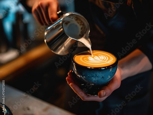 A barista carefully pours hot espresso into a small white cup.