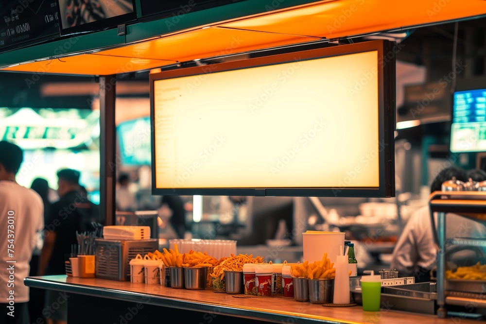A stadium concession stand menu board mockup with a blank screen, at a sports event.