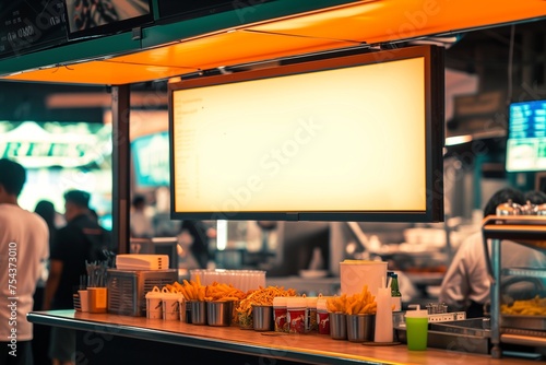 A stadium concession stand menu board mockup with a blank screen, at a sports event. photo