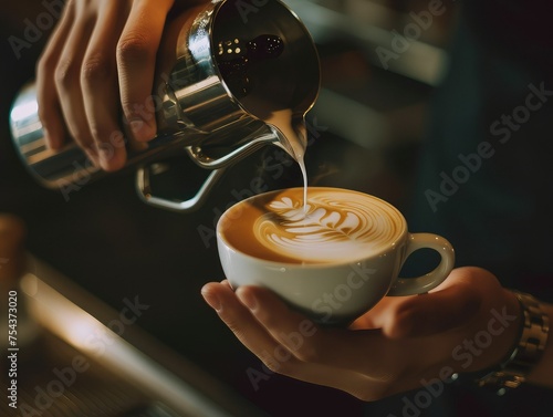 Barista Pouring Frothed Milk into a Cup of Coffee.
