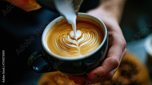 Barista pouring latte art, milk swirling into espresso.