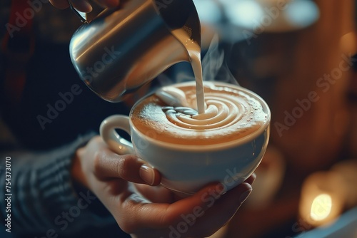 Barista pouring latte art, milk swirling into espresso.