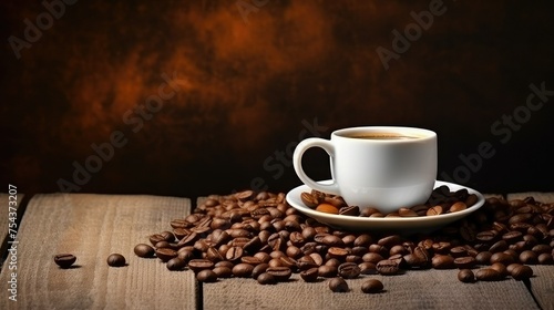 Coffee cup and coffee beans on a rustic background