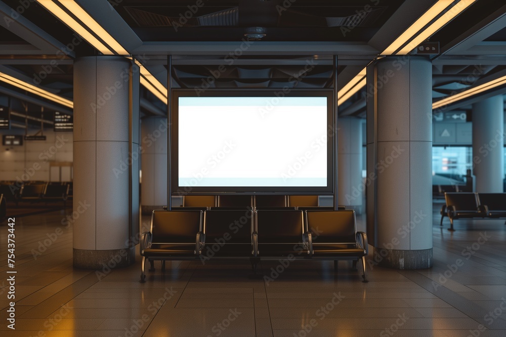 An airport lounge entertainment system mockup with a blank screen, in a comfortable seating area.