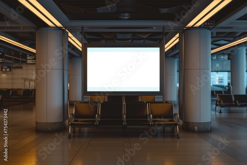 An airport lounge entertainment system mockup with a blank screen, in a comfortable seating area.