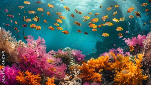 Underwater paradise of a vibrant coral reef teeming with colorful tropical fish and marine life in clear blue ocean water.
