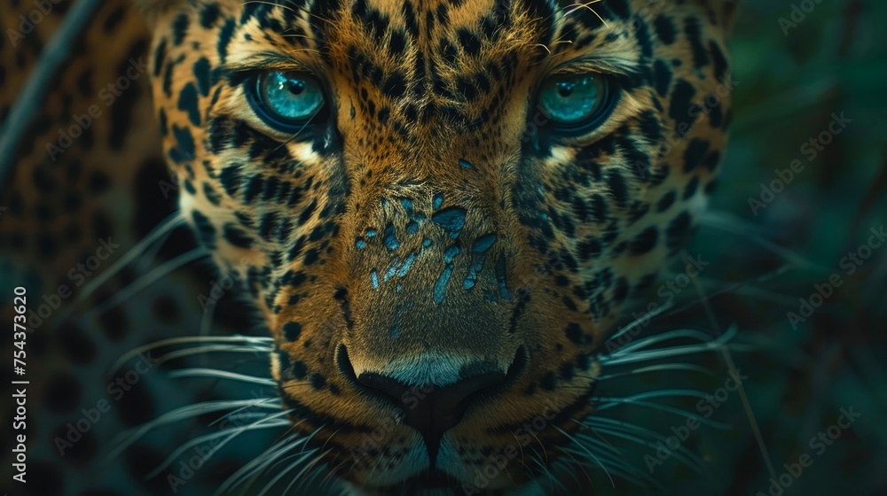 Obraz premium This captivating image features the piercing blue eyes and stunning facial markings of a majestic jaguar in a lush jungle setting.