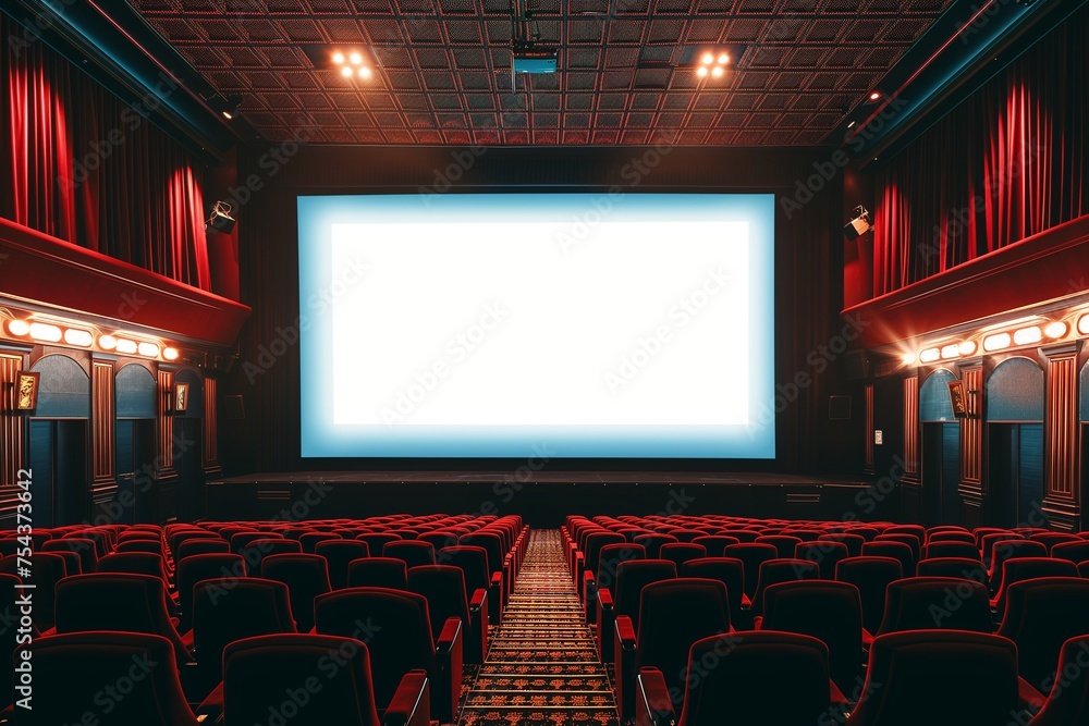 A cinema movie poster display mockup with a blank screen, in a theater lobby.