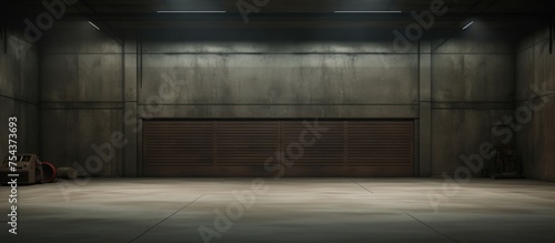 A dimly lit room with a closed garage door in the background. A single suitcase sits on the floor, adding an element of mystery to the scene. photo