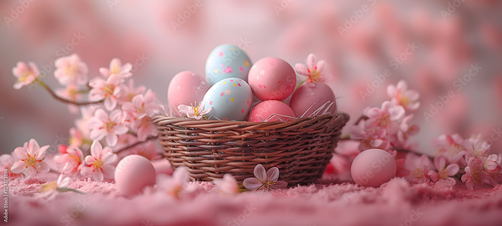 Easter Celebration with Colorful Eggs and Pink Flowers in Wicker Basket Easter Celebration with Colorful Eggs and Pink Flowers in Wicker Basket