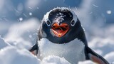 Joyful Gentoo Penguin with a mouth open, surrounded by glistening snowflakes under a bright sun.