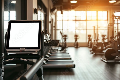 A gym workout screen mockup with a blank display, in a fitness center.