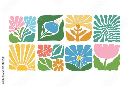 Abstract groovy flowers collection for cards, prints, stickers, clip art. Spring collage flowers. EPS 10