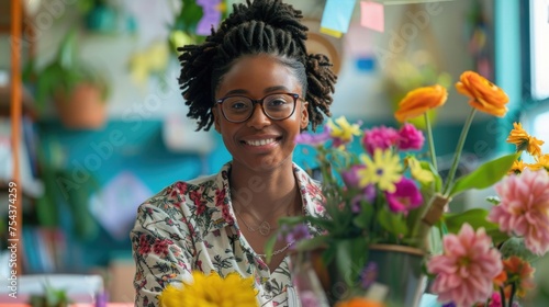 A teacher sitting at a desk adorned with flowers and appreciation notes from students, grading papers with a smile in a well-organized, inviting classroom