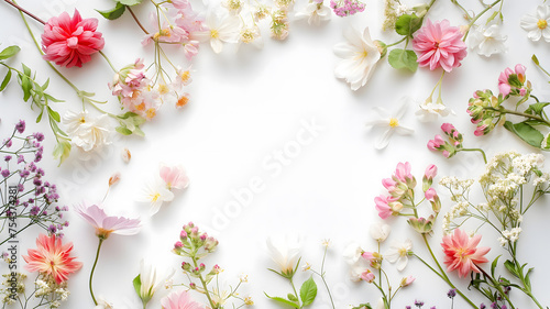 Floral Frame of White and Pink Blooms on a Clean White Background