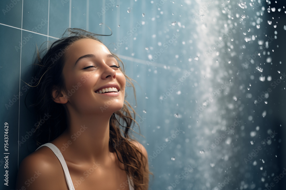 Portrait of happy girl taking shower with gel. She washing with puff. High quality photo Portrait of happy girl taking shower with gel. She washing with puff. High quality photo