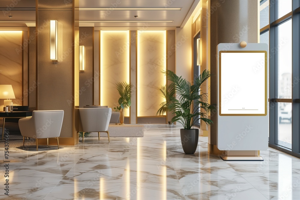 A boutique hotel digital concierge kiosk mockup with a blank screen, in a stylish lobby.