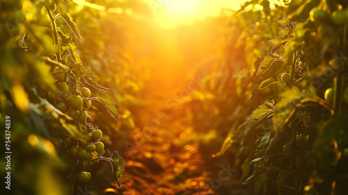 Sunlight Bathing Lush Tomato Plants in a Garden at Sunset