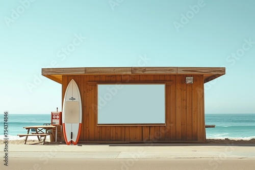 A surf shop digital surf report display mockup with a blank screen, near the beach.