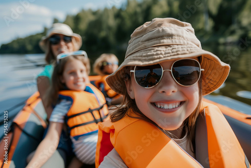selfie of happy family on boat wearing orange life jackets, close up on blond daughter smiling