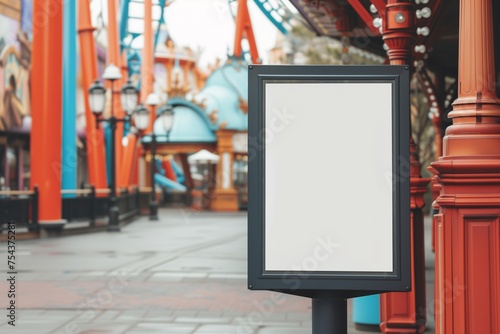 A theme park interactive map kiosk mockup with a blank screen, near a roller coaster. photo