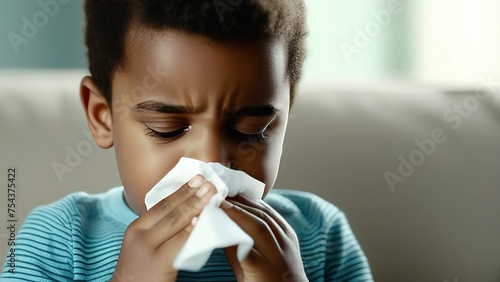 A charming baby blowing his nose in a paper or cloth handkerchief, The child suffers from allergies to pollen or food, photo