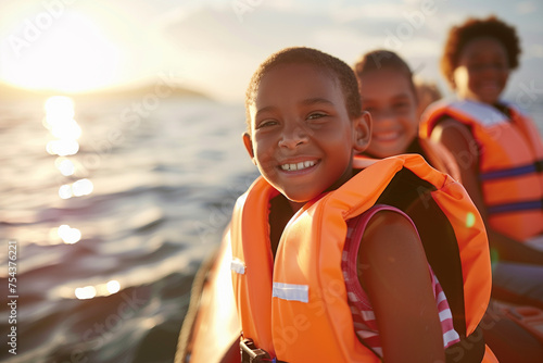 happy poc kids on boat wearing orange life jackets in golden hour sunshine © Ricky