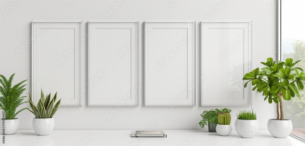 A set of glossy, acrylic empty frame mockups, creating a sleek, modern look on a clean wall A set of glossy, acrylic empty frame mockups, creating a sleek, modern look on a clean wall