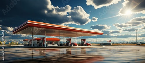 view of a gas fuel station with clouds and blue sky in the background