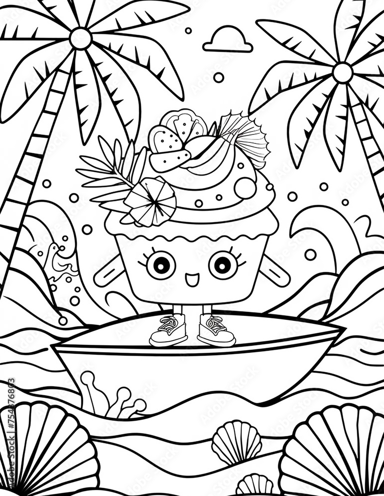  summer coloring page for children kawaii cupcakes on tropical beach