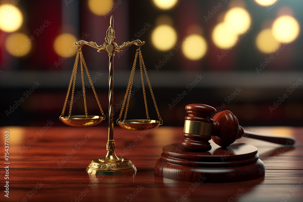 a judge's gavel on the wooden table with scales on top, in the style of bokeh panorama сreated with Generative Ai a judge's gavel on the wooden table with scales on top, in the style of bokeh panorama сreated with Generative Ai