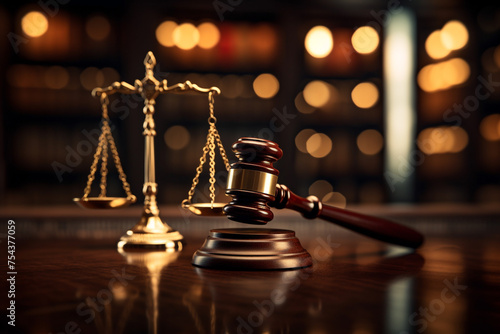 a judge's gavel on the wooden table with scales on top, in the style of bokeh panorama сreated with Generative Ai