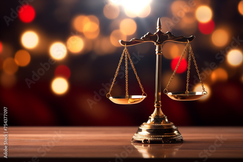 a judge's gavel on the wooden table with scales on top, in the style of bokeh panorama сreated with Generative Ai